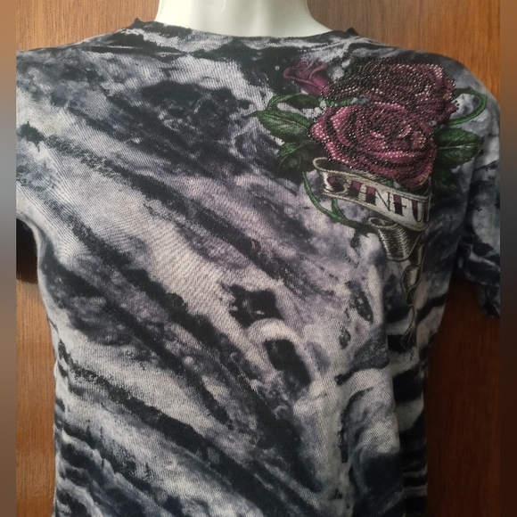 Sinful Black /White Print With Pink Roses and Skull Small Size Stretchy - Picture 7 of 14